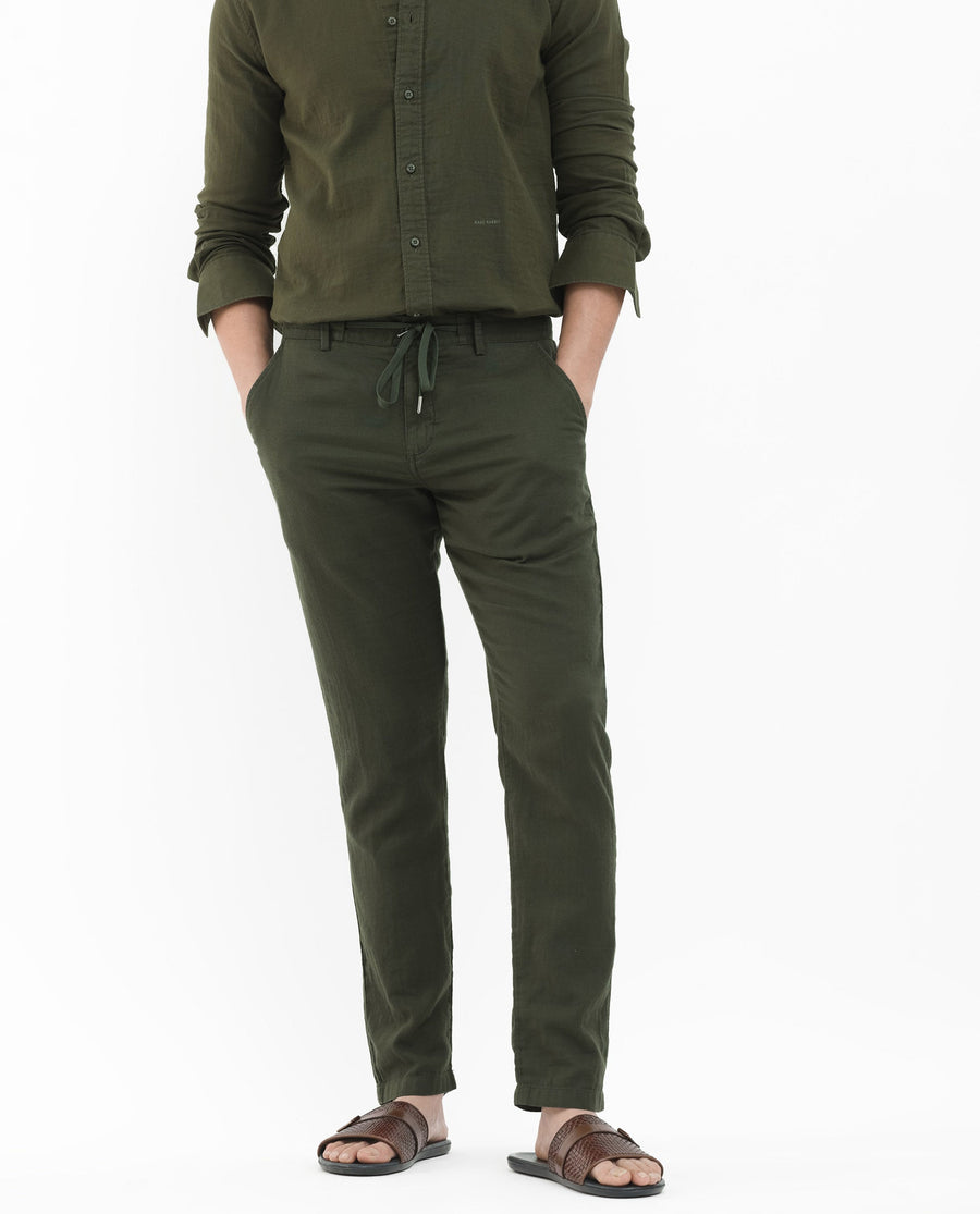 Rare Rabbit Men's Pastor 2 Olive Cotton Plain Regular Fit Trouser