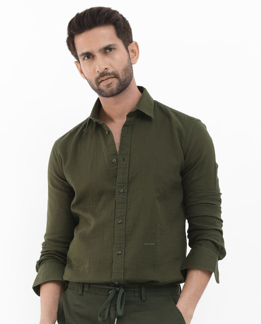 Rare Rabbit Men's Layerr Olive Cotton Plain Regular Fit Full Sleeve Collared Shirt