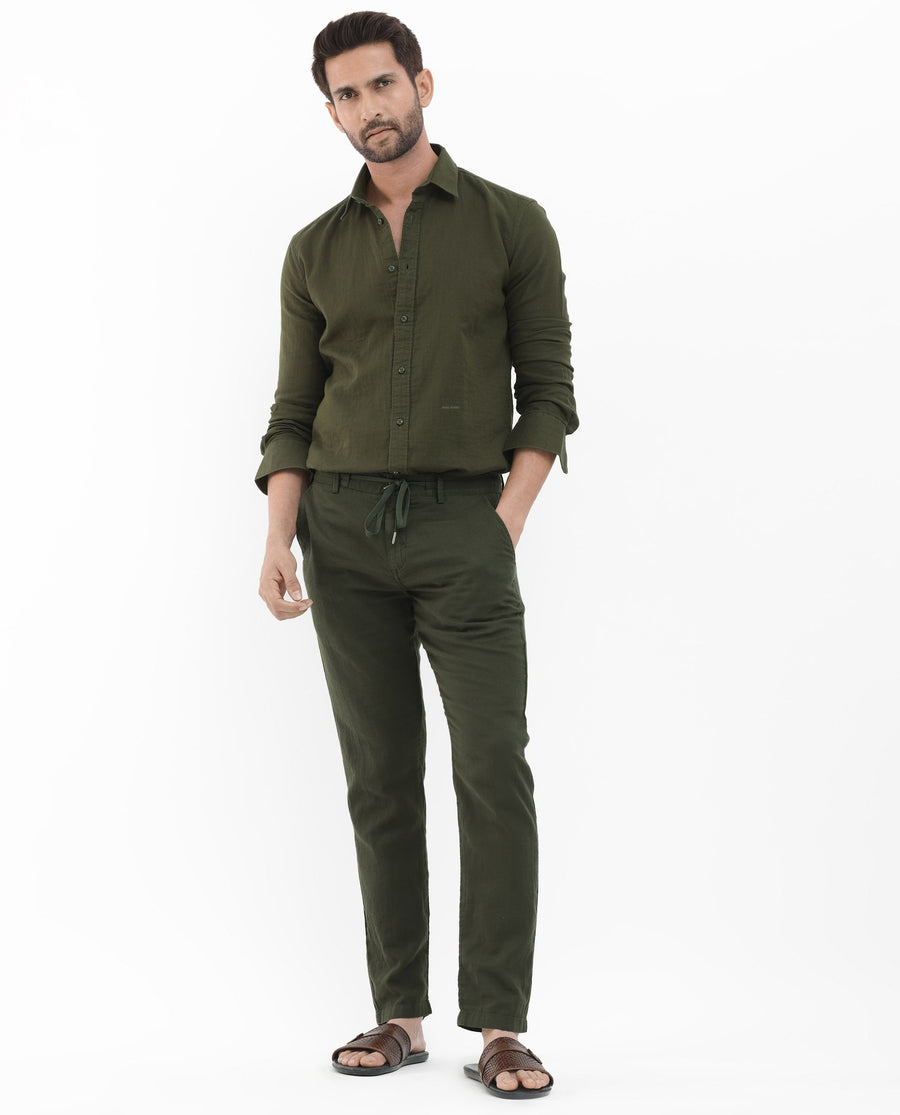 Rare Rabbit Men's Pastor 2 Olive Cotton Plain Regular Fit Trouser