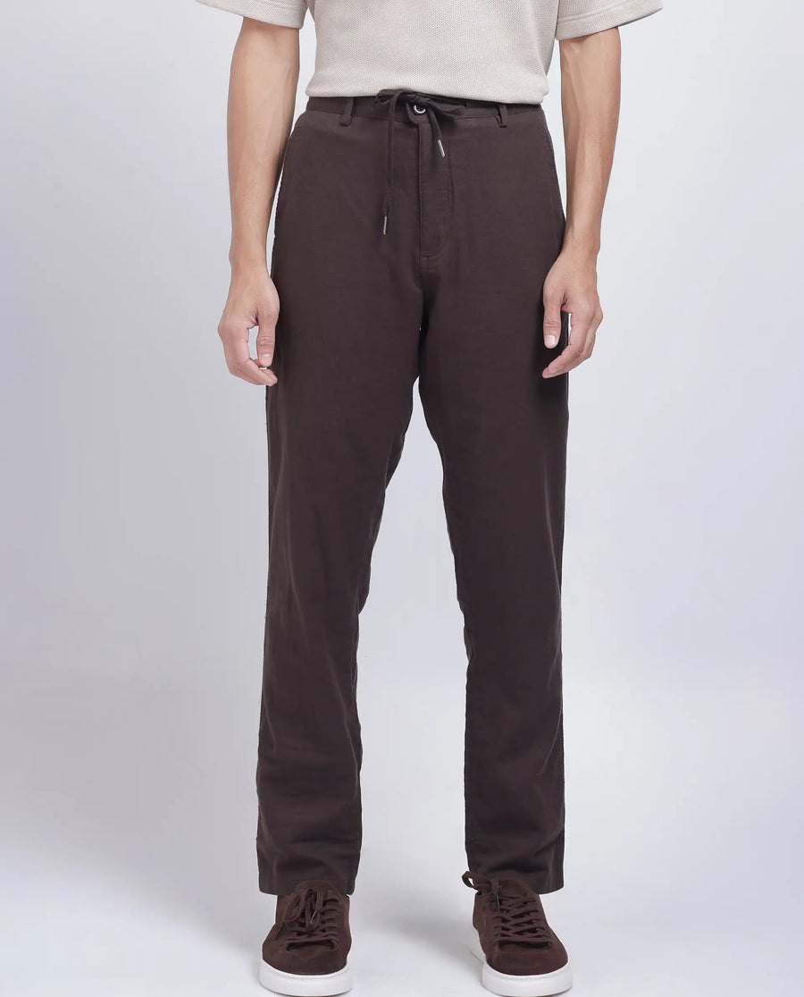 Rare Rabbit Men's Pastor-25 Brown Cotton Plain Regular Fit Trouser