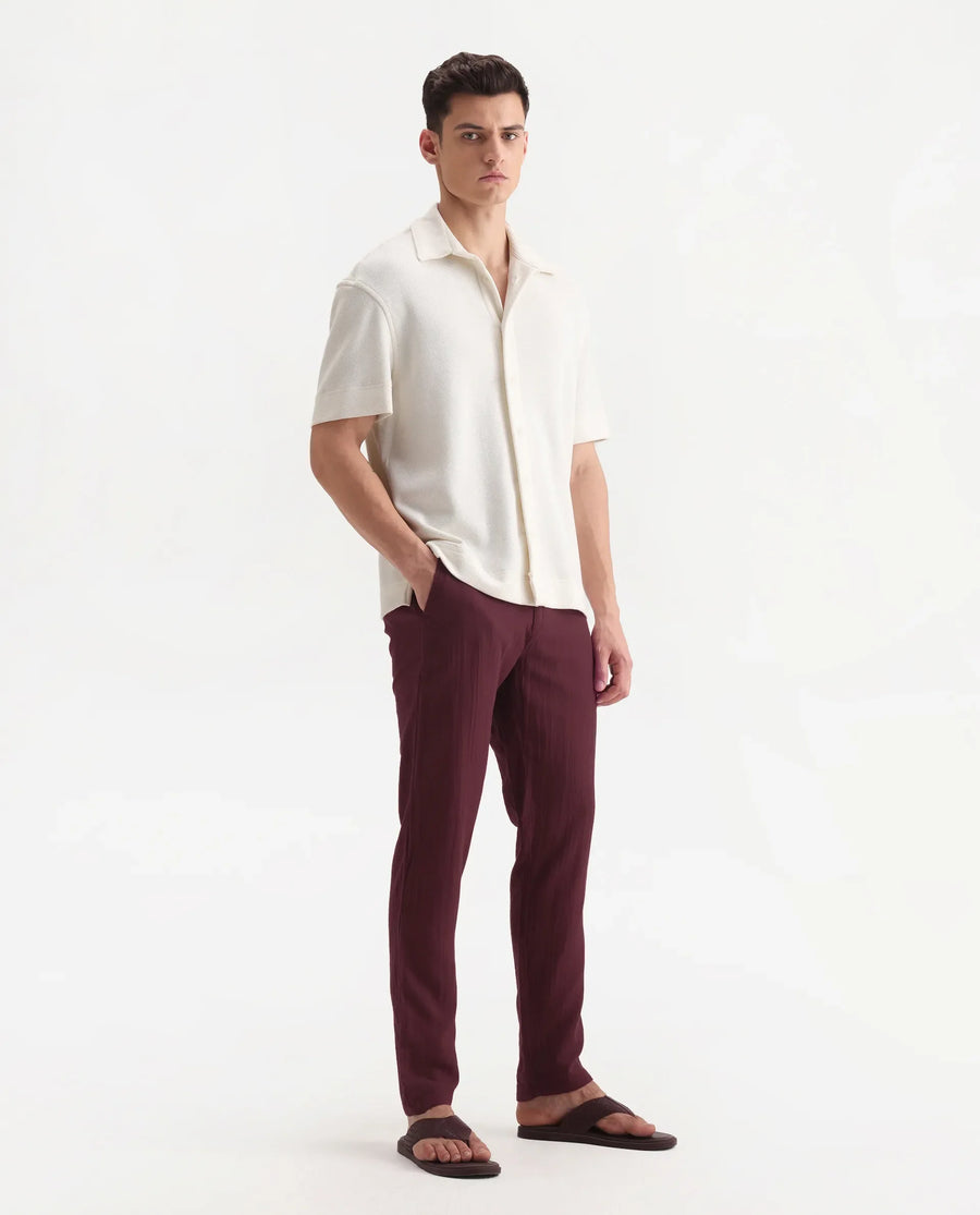 Rare Rabbit Men's Pastor-3 Dark Maroon Cotton Plain Regular Fit Trouser