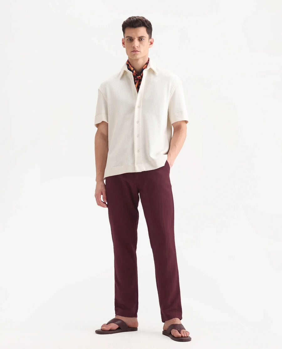 Rare Rabbit Men's Pastor-3 Dark Maroon Cotton Plain Regular Fit Trouser