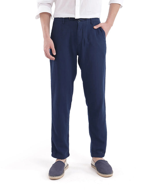 Rare Rabbit Men's Pastor-3 Navy Cotton Plain Regular Fit Trouser