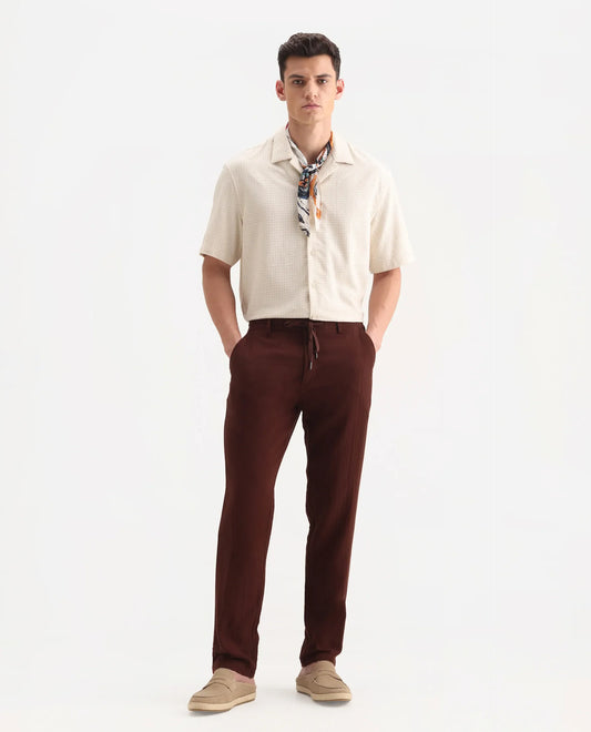 Rare Rabbit Men's Pastor-3 Rust Cotton Plain Regular Fit Trouser