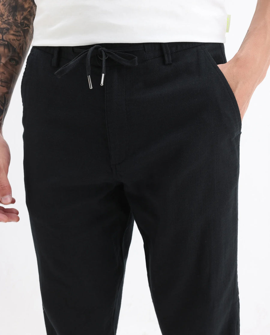 Rare Rabbit Men's Pastor-Aw25 Black Cotton Plain Regular Fit Trouser