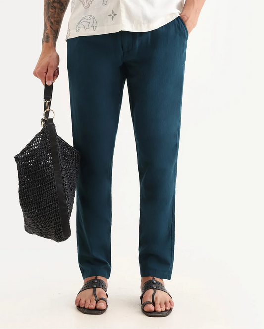 Rare Rabbit Men's Pastor-Aw25 Dark Teal Cotton Plain Regular Fit Trouser
