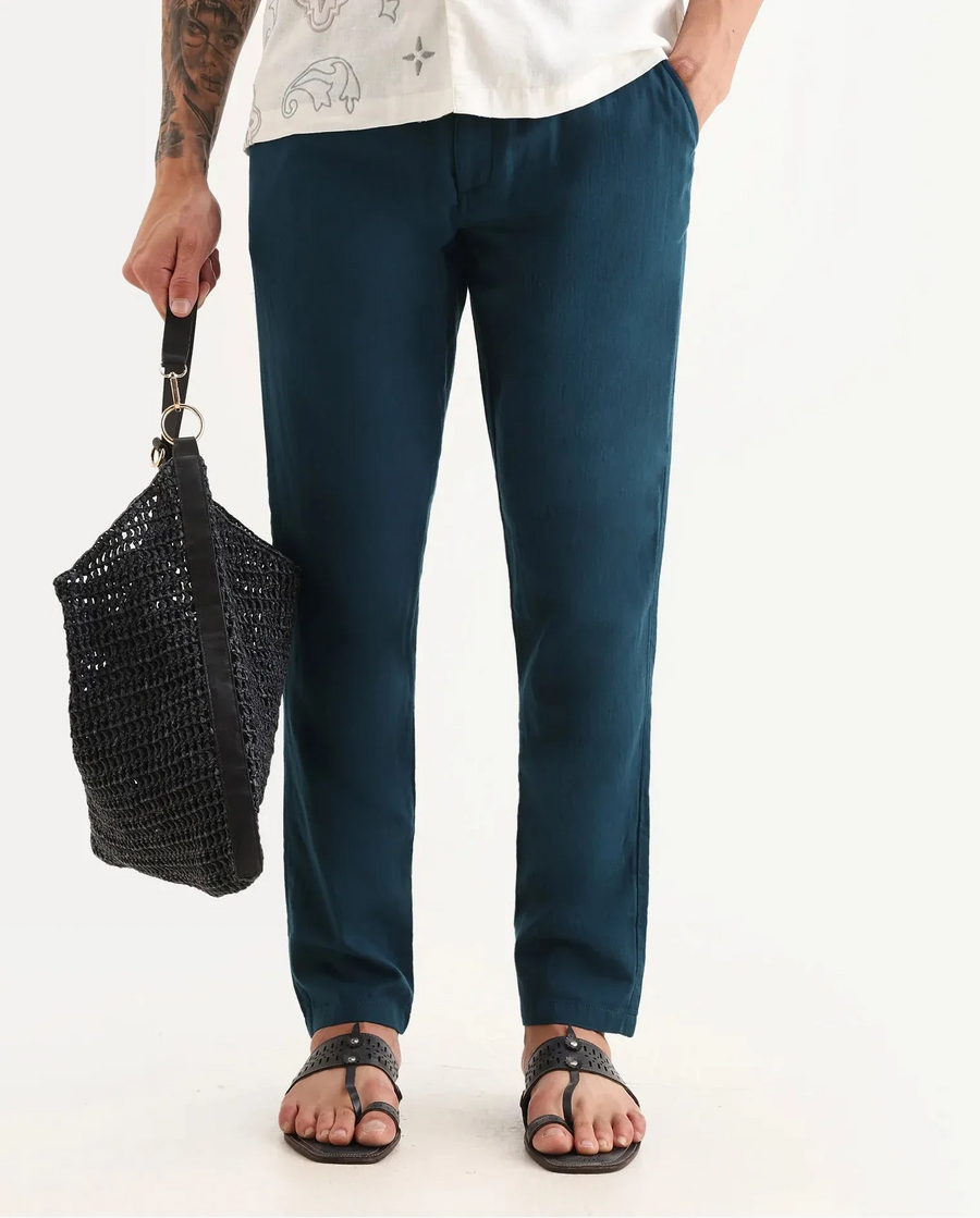 Rare Rabbit Men's Pastor-Aw25 Dark Teal Cotton Plain Regular Fit Trouser