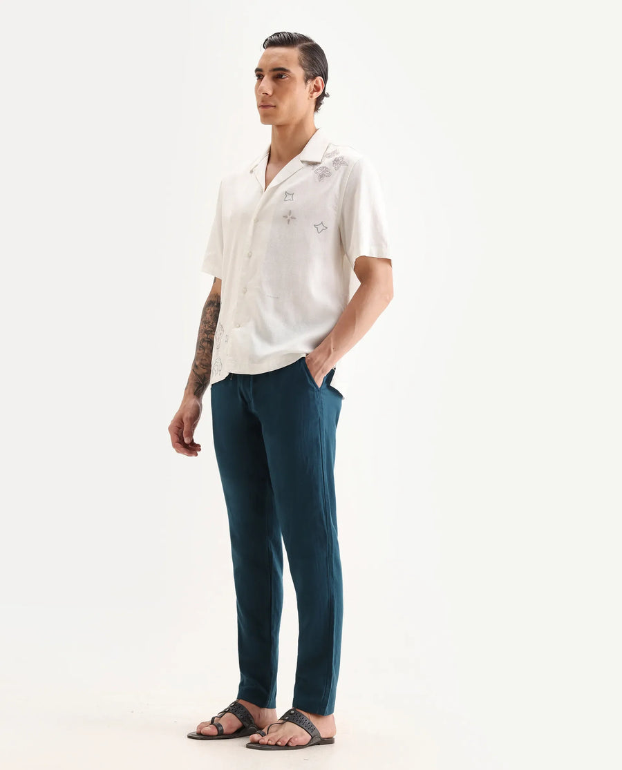 Rare Rabbit Men's Pastor-Aw25 Dark Teal Cotton Plain Regular Fit Trouser