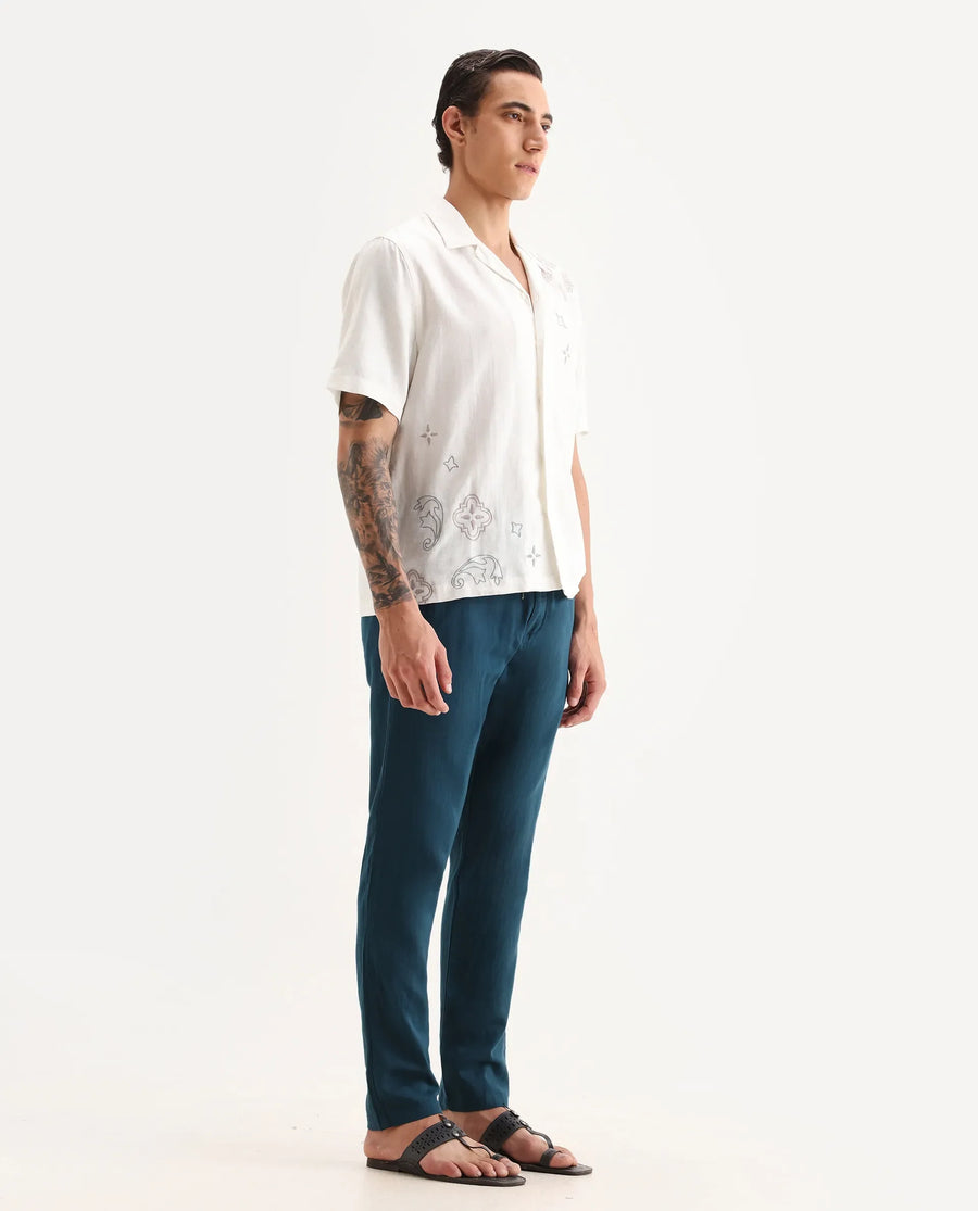 Rare Rabbit Men's Pastor-Aw25 Dark Teal Cotton Plain Regular Fit Trouser
