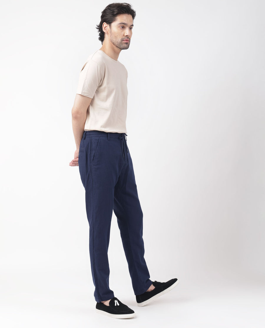 Rare Rabbit Men's Pastor Dark Blue Cotton Plain Regular Fit Trouser