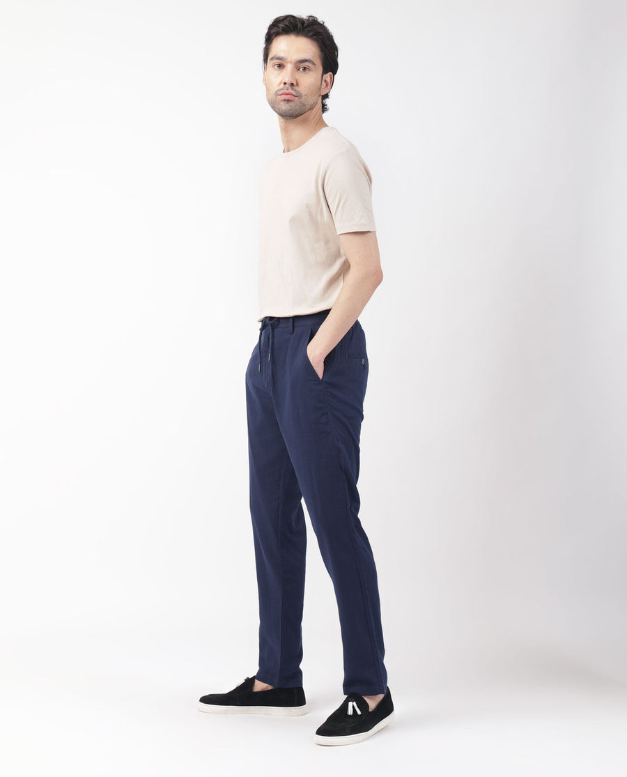 Rare Rabbit Men's Pastor Dark Blue Cotton Plain Regular Fit Trouser