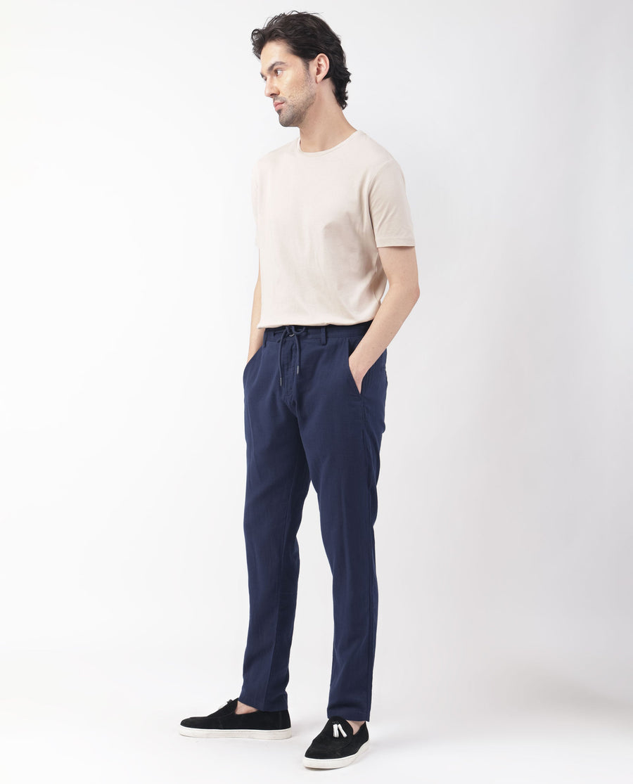 Rare Rabbit Men's Pastor Dark Blue Cotton Plain Regular Fit Trouser