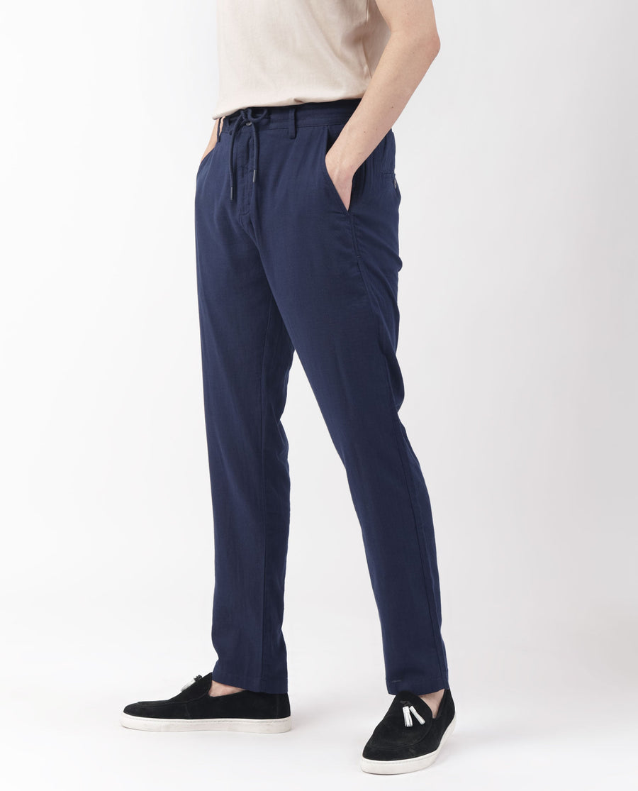 Rare Rabbit Men's Pastor Dark Blue Cotton Plain Regular Fit Trouser