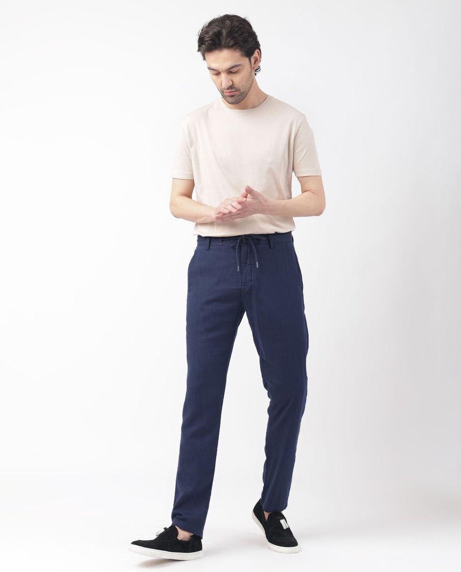 Rare Rabbit Men's Pastor Dark Blue Cotton Plain Regular Fit Trouser