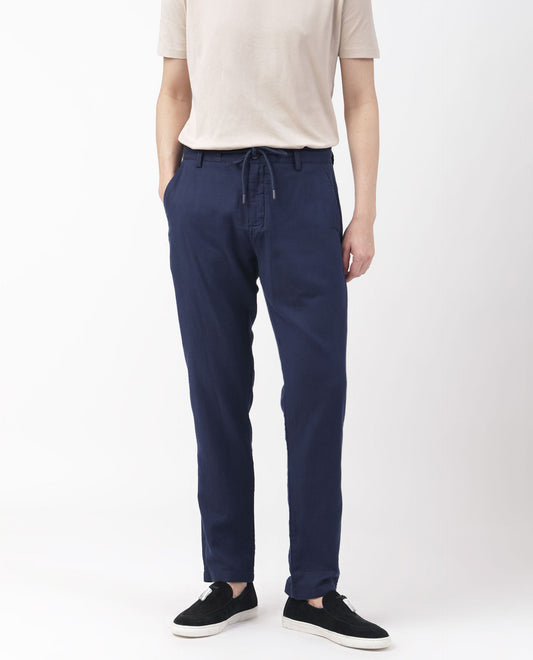 Rare Rabbit Men's Pastor Dark Blue Cotton Plain Regular Fit Trouser