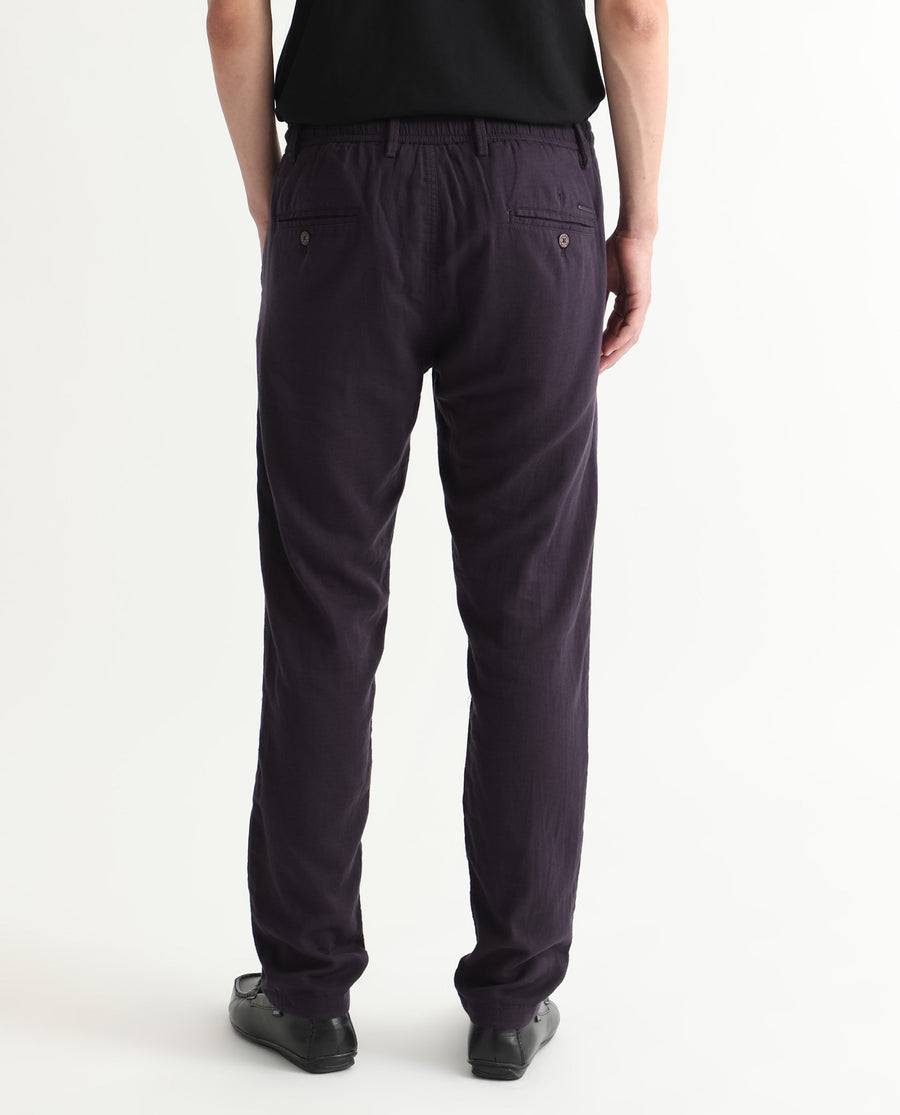Rare Rabbit Men's Pastor Dark Purple Cotton Plain Regular Fit Trouser
