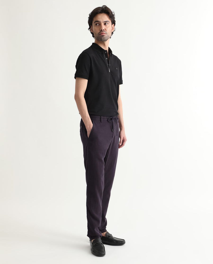 Rare Rabbit Men's Pastor Dark Purple Cotton Plain Regular Fit Trouser