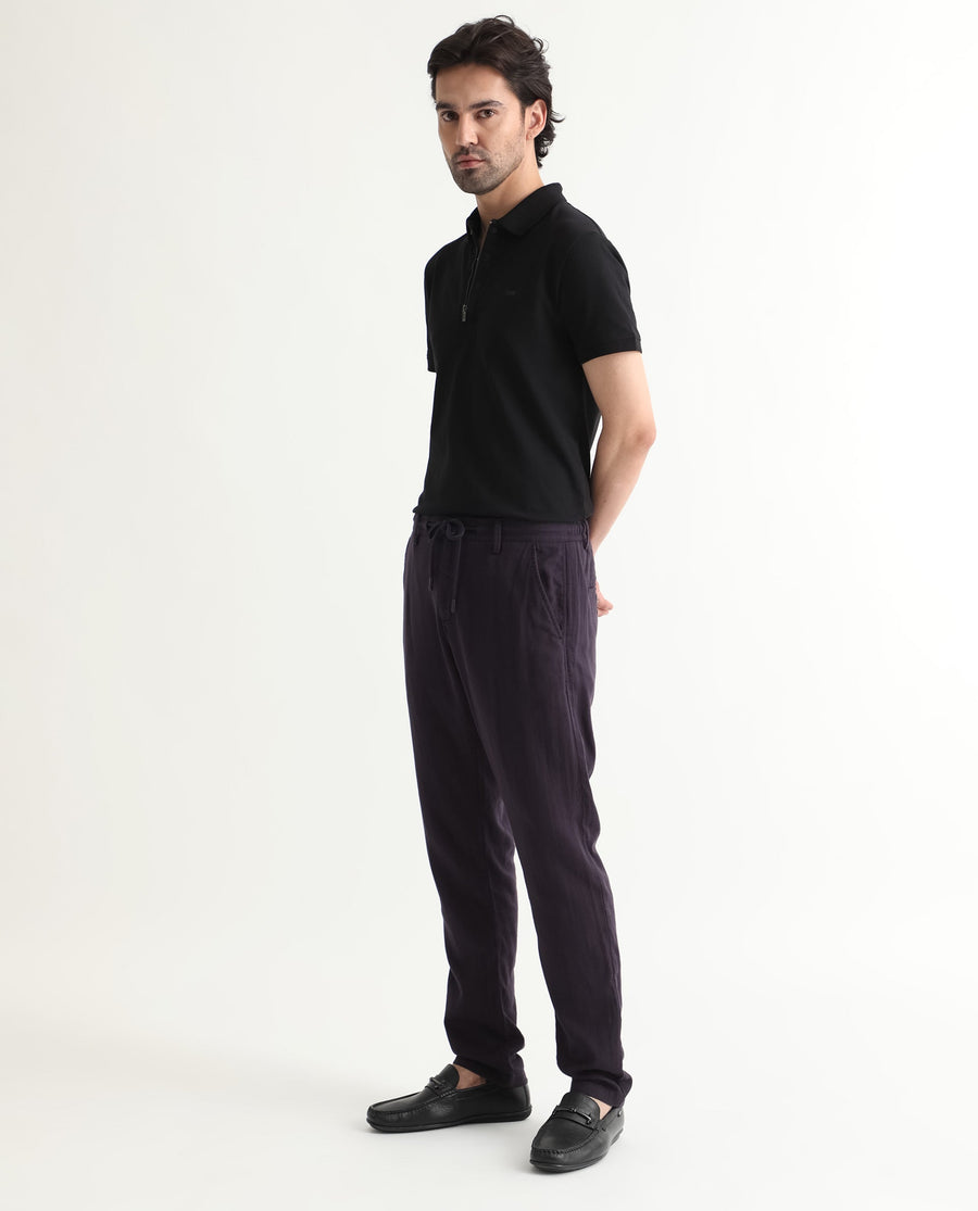 Rare Rabbit Men's Pastor Dark Purple Cotton Plain Regular Fit Trouser