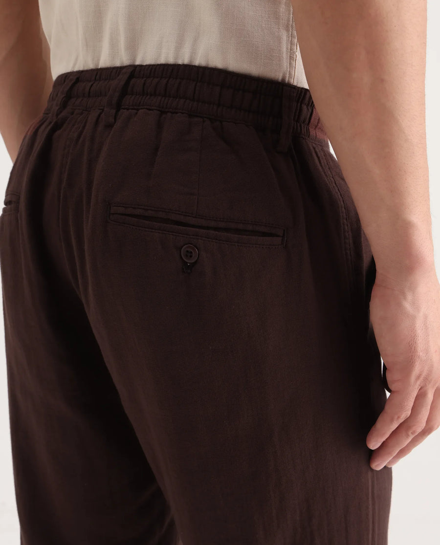 Rare Rabbit Men's Pastor-Aw25 Dark Brown Cotton Plain Regular Fit Trouser