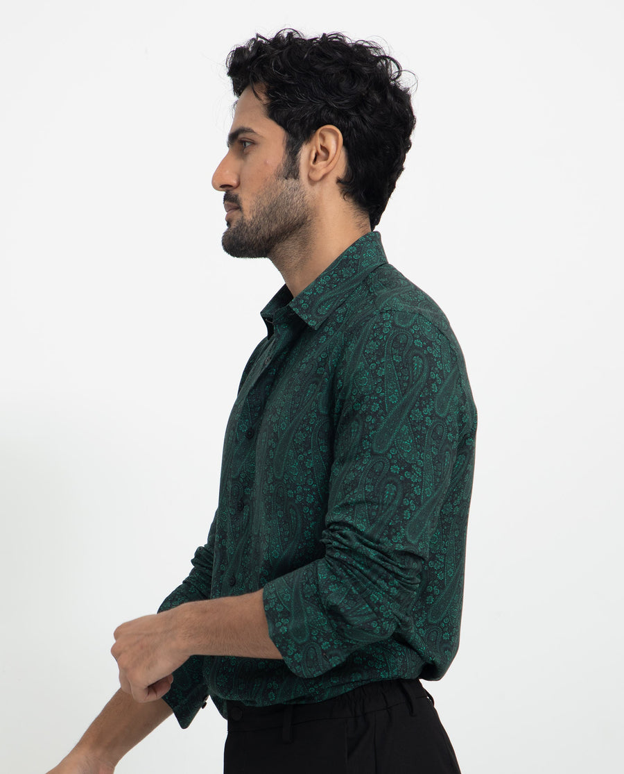 Rare Rabbit Men's Pat Green Viscose Paisley Print Regular Fit Full Sleeve Collared Shirt