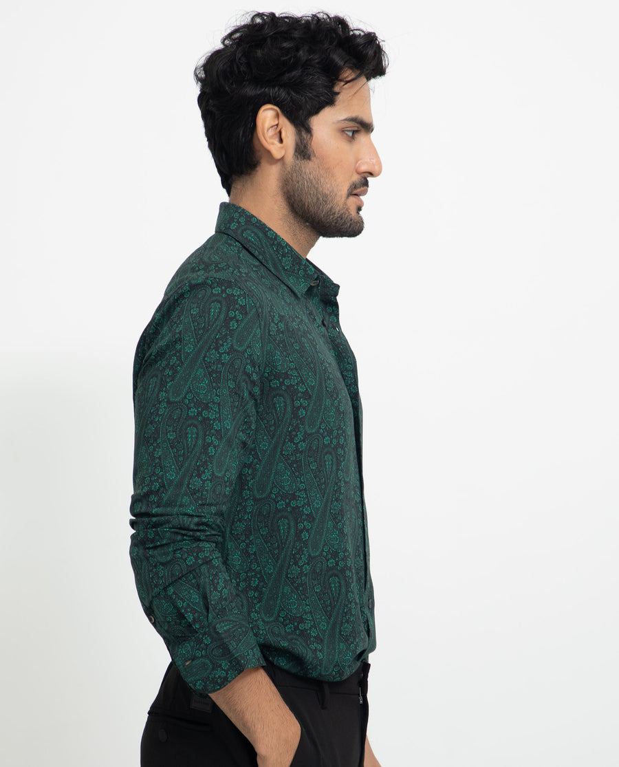 Rare Rabbit Men's Pat Green Viscose Paisley Print Regular Fit Full Sleeve Collared Shirt