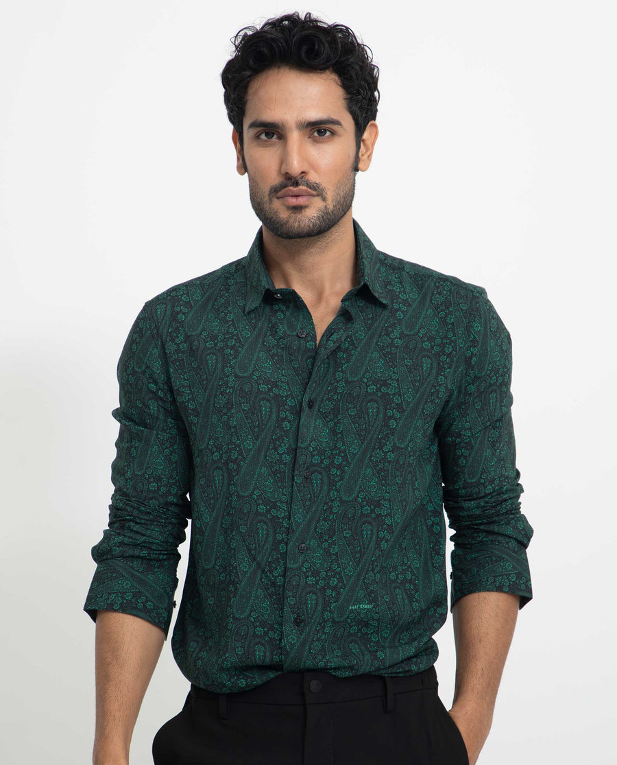Rare Rabbit Men's Pat Green Viscose Paisley Print Regular Fit Full Sleeve Collared Shirt