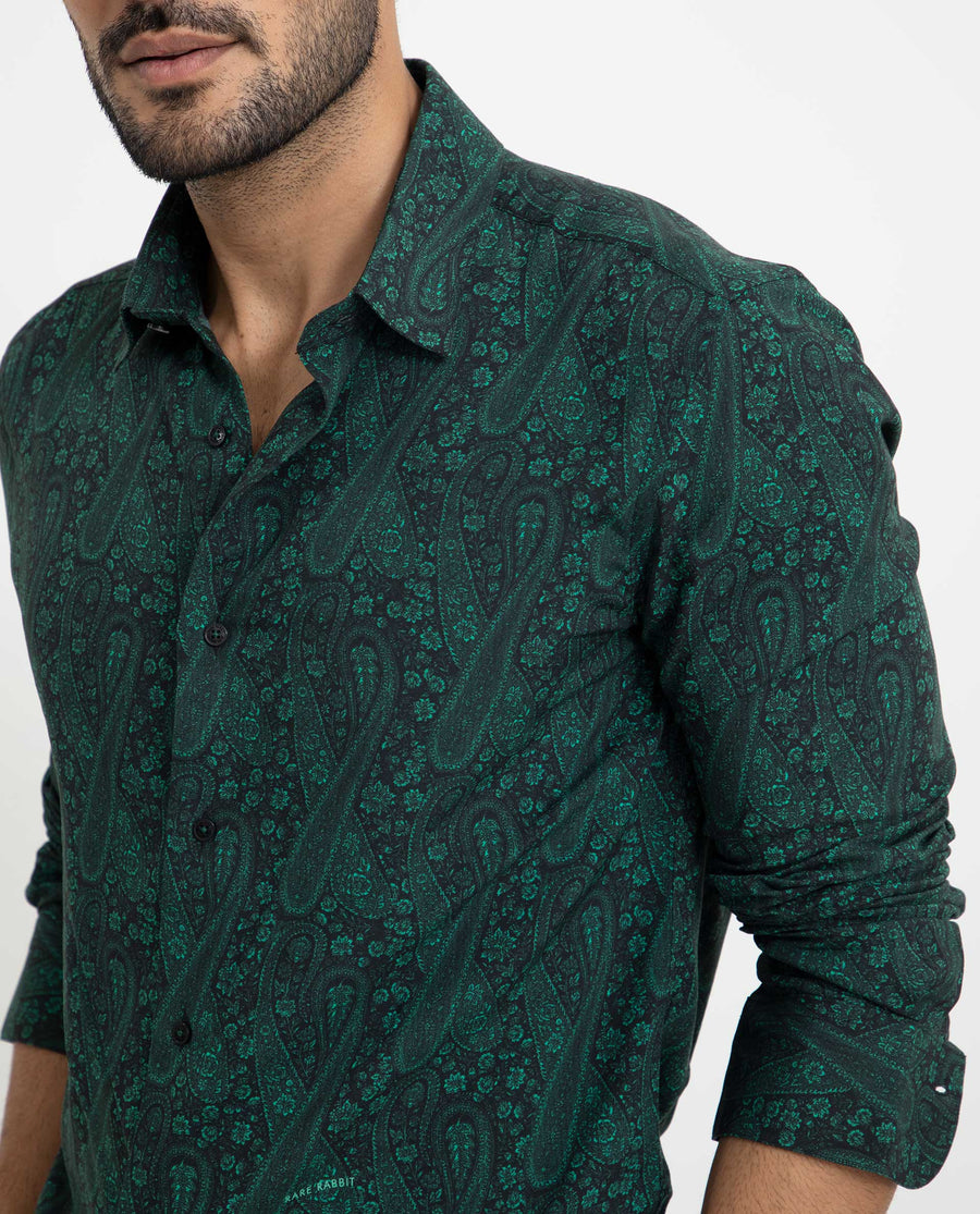 Rare Rabbit Men's Pat Green Viscose Paisley Print Regular Fit Full Sleeve Collared Shirt