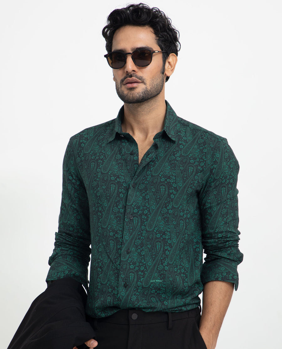 Rare Rabbit Men's Pat Green Viscose Paisley Print Regular Fit Full Sleeve Collared Shirt