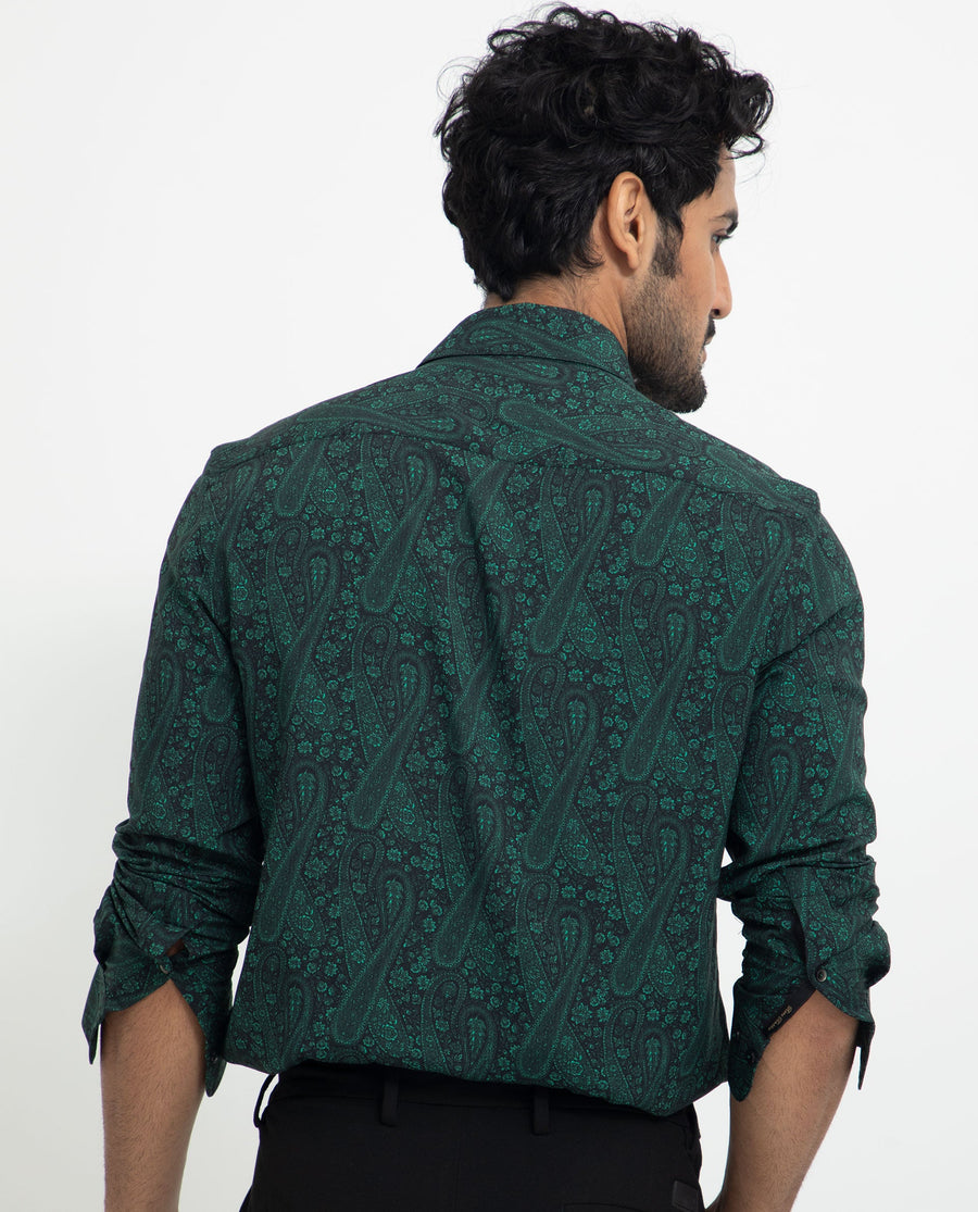 Rare Rabbit Men's Pat Green Viscose Paisley Print Regular Fit Full Sleeve Collared Shirt