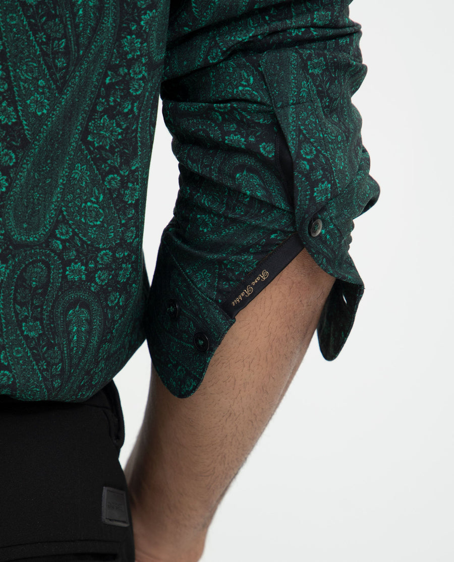 Rare Rabbit Men's Pat Green Viscose Paisley Print Regular Fit Full Sleeve Collared Shirt