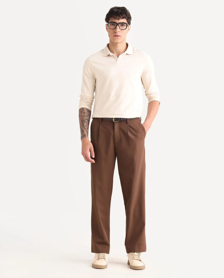 Rare Rabbit Men Pauls Brown Polyester Blend Fabric Button Closure Plain Trouser