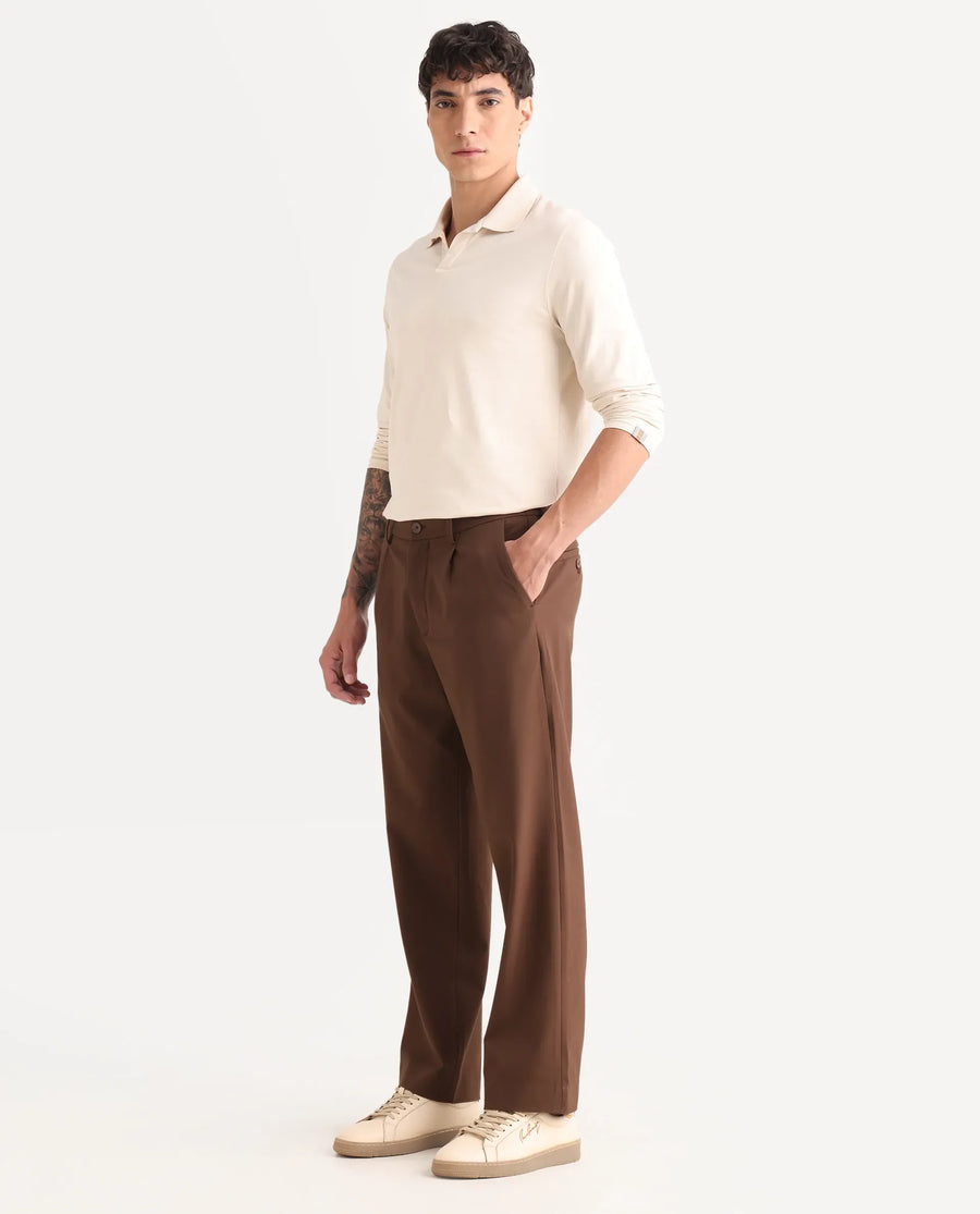 Rare Rabbit Men Pauls Brown Polyester Blend Fabric Button Closure Plain Trouser