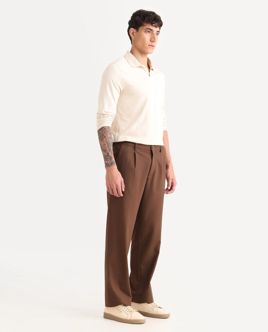 Rare Rabbit Men Pauls Brown Polyester Blend Fabric Button Closure Plain Trouser