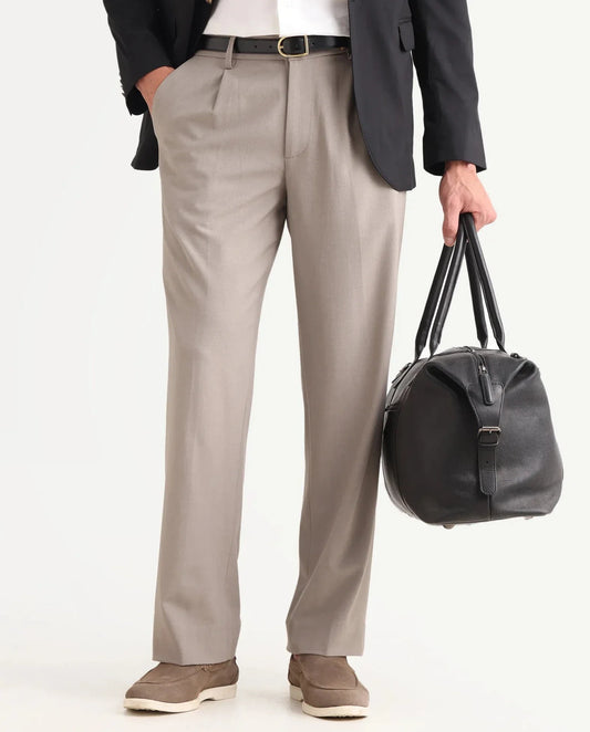 Rare Rabbit Men Pauls Dark Beige Polyester Blend Fabric Button Closure Plain Trouser
