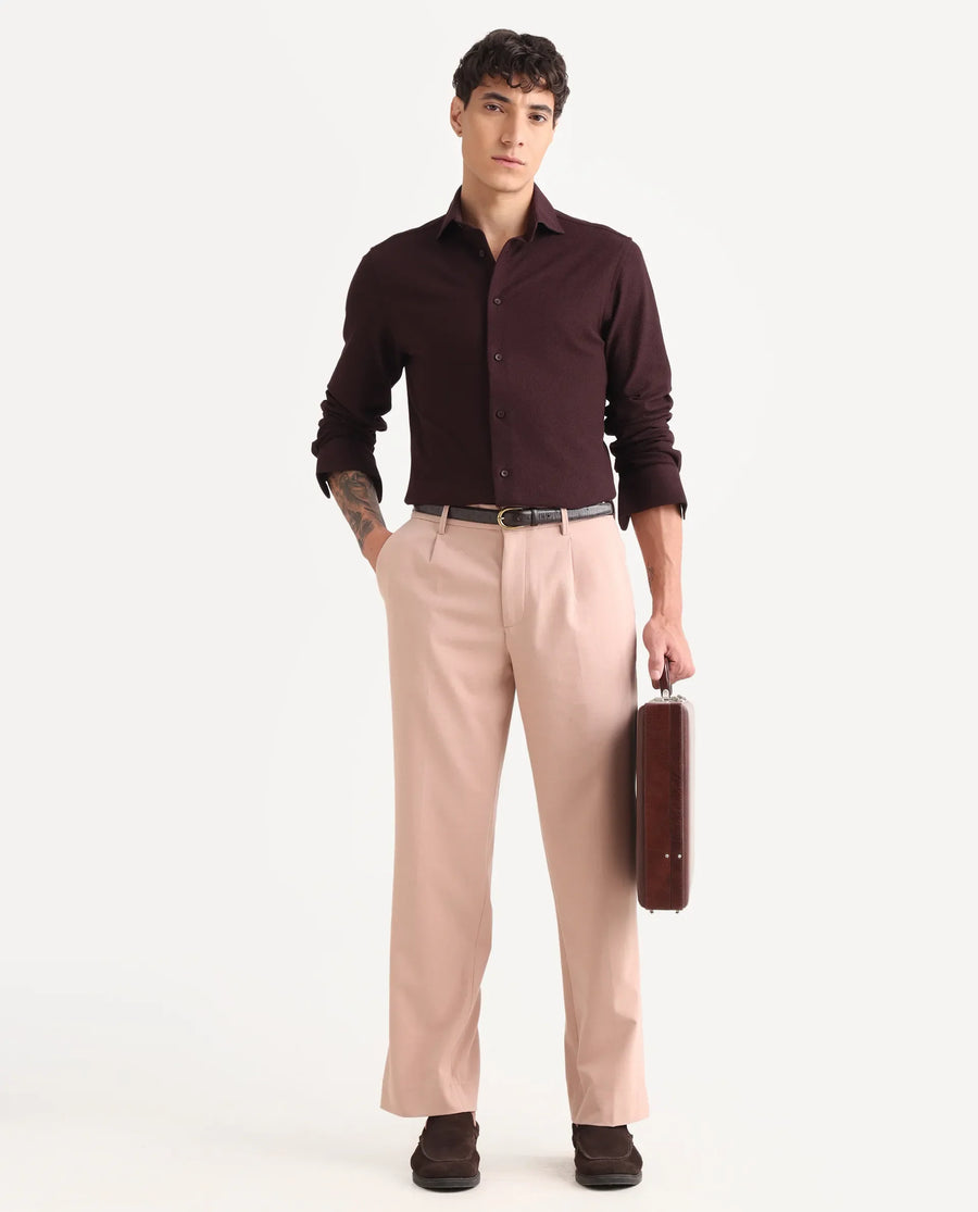 Rare Rabbit Men Pauls Tan Polyester Blend Fabric Button Closure Plain Trouser