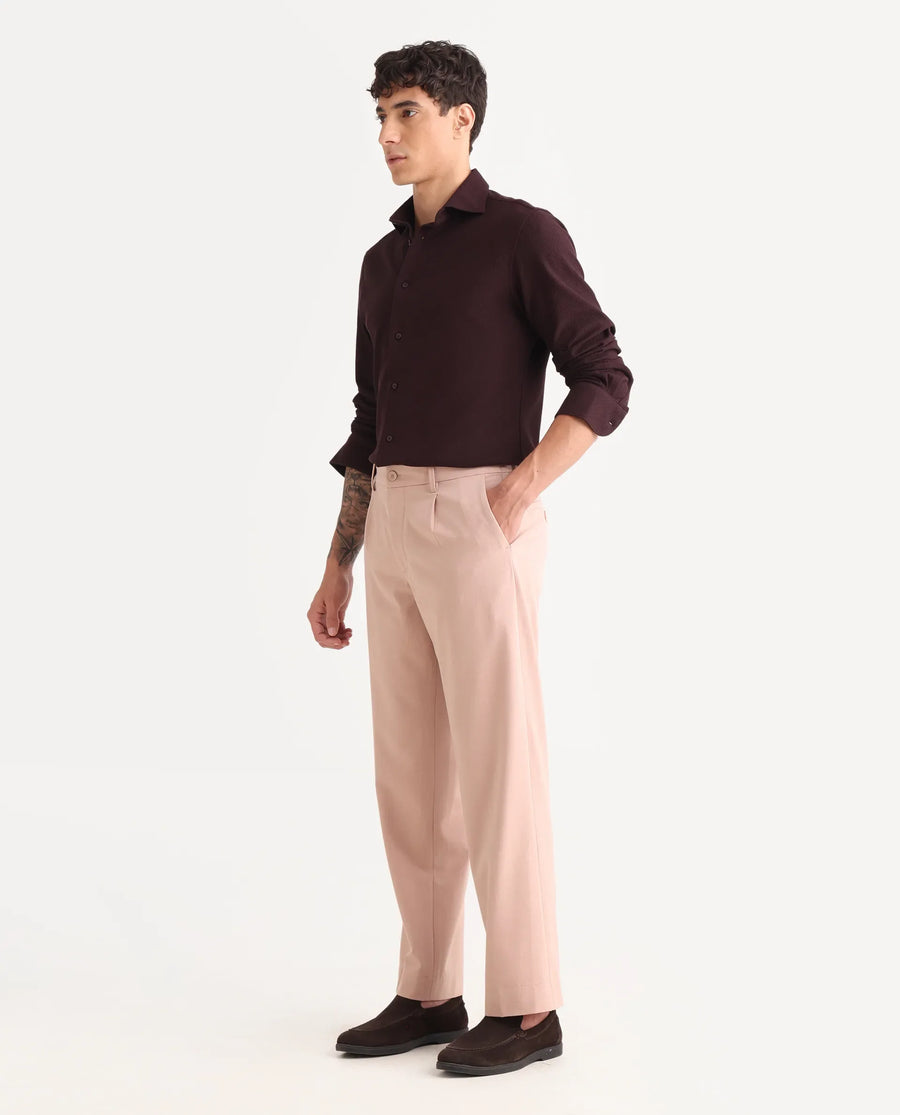 Rare Rabbit Men Pauls Tan Polyester Blend Fabric Button Closure Plain Trouser