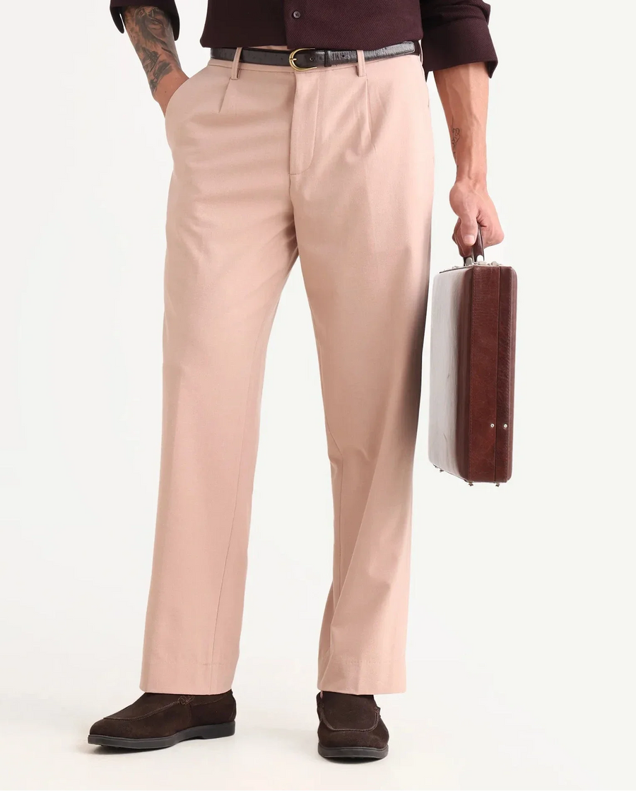 Rare Rabbit Men Pauls Tan Polyester Blend Fabric Button Closure Plain Trouser