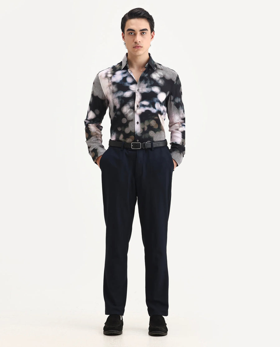 Rare Rabbit Men's Pavo Black Viscose Abstract Print Regular Fit Full Sleeve Collared Shirt