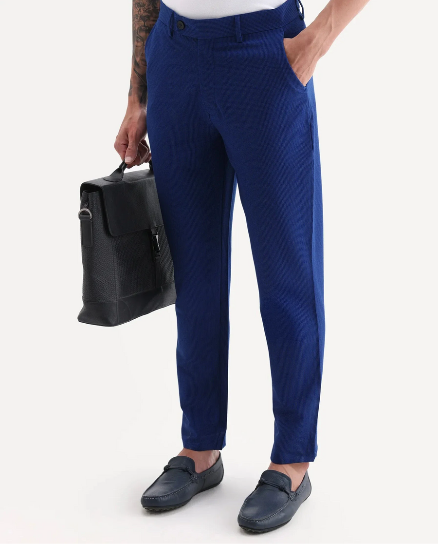 Rare Rabbit Men's Pax Blue Cotton Blend Plain Straight Fit Trouser