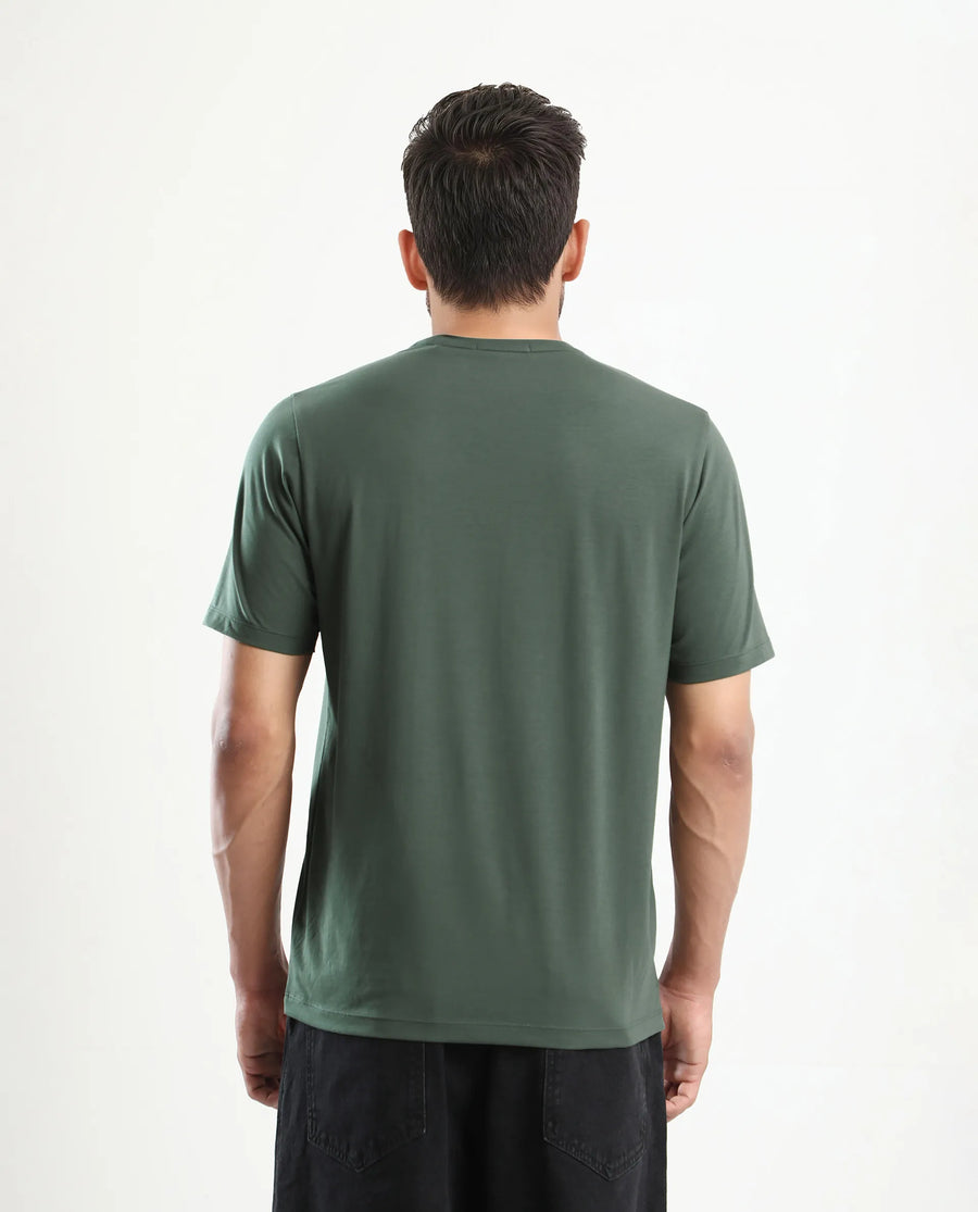 Rare Rabbit Men's Pazo Dusky Green Cotton Blend Graphic Print Regular Fit Half Sleeve Crew Neck T-Shirt