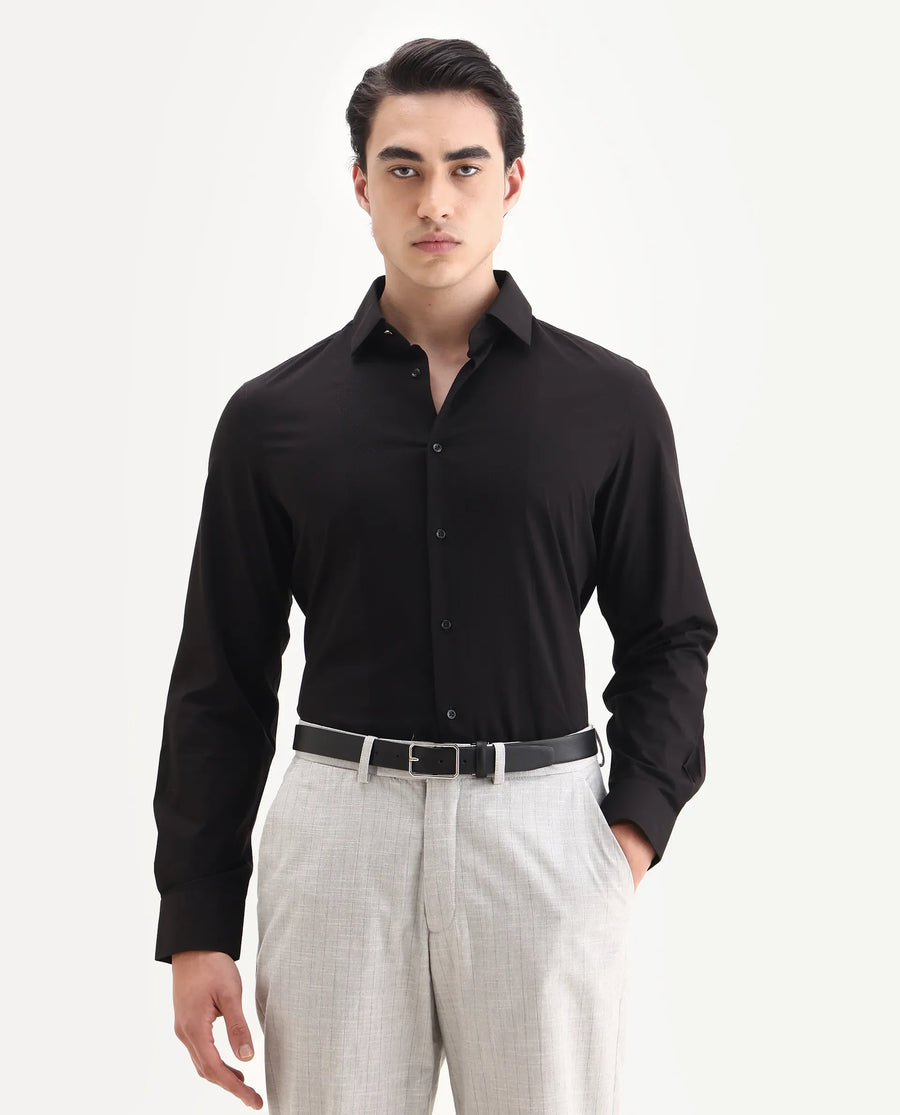 Rare Rabbit Men's Pedron-25 Black Cotton Spread Collar Regular Fit Jacquard Shirt