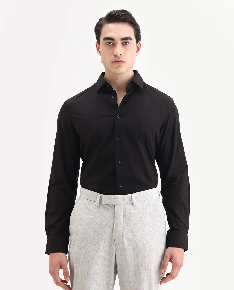 Rare Rabbit Men's Pedron-25 Black Cotton Spread Collar Regular Fit Jacquard Shirt
