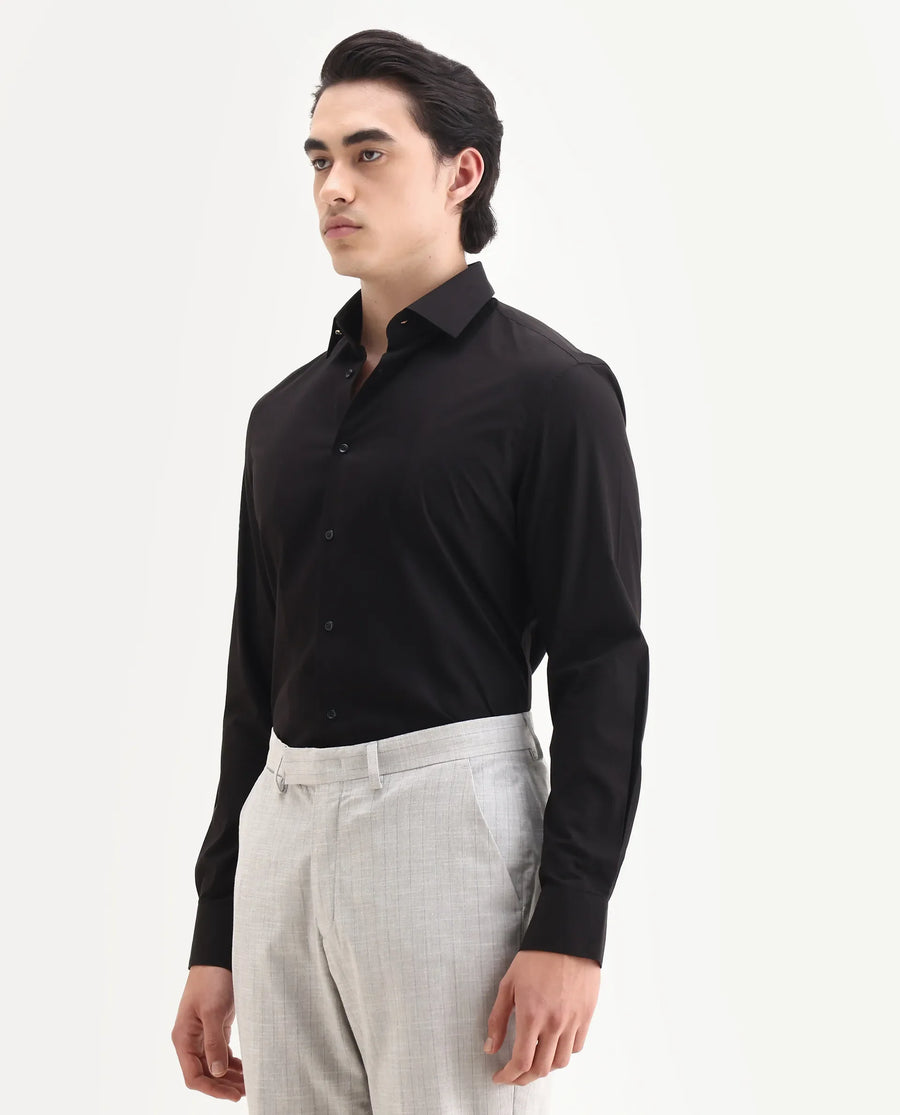 Rare Rabbit Men's Pedron-25 Black Cotton Spread Collar Regular Fit Jacquard Shirt