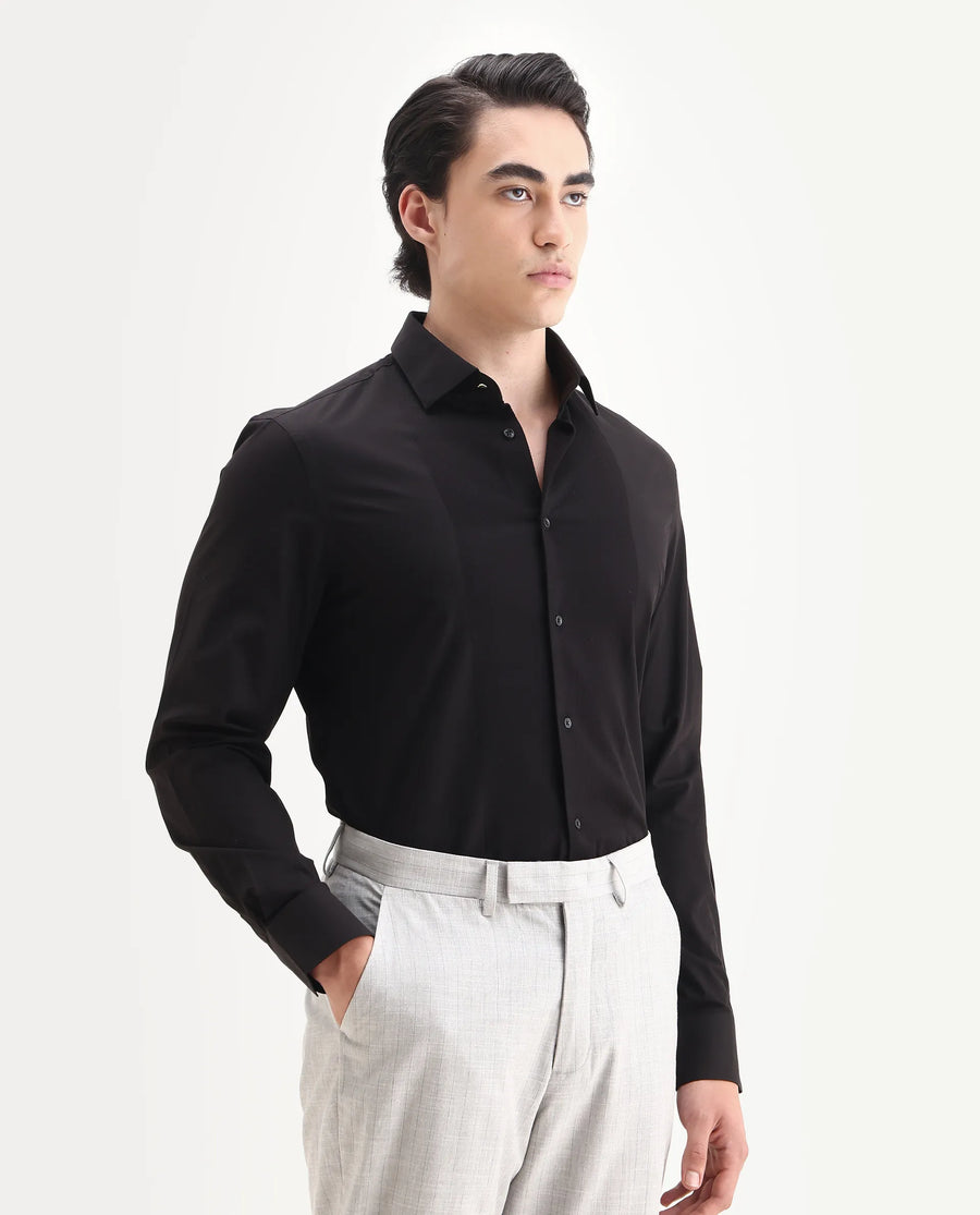 Rare Rabbit Men's Pedron-25 Black Cotton Spread Collar Regular Fit Jacquard Shirt