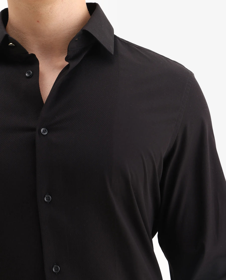Rare Rabbit Men's Pedron-25 Black Cotton Spread Collar Regular Fit Jacquard Shirt