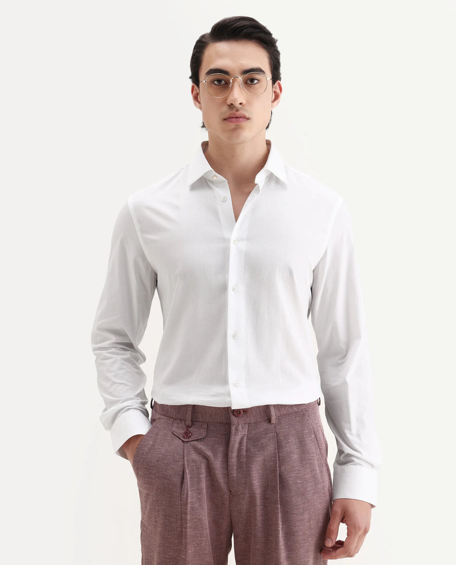 Rare Rabbit Men's Pedron-25 White Cotton Spread Collar Regular Fit Jacquard Shirt