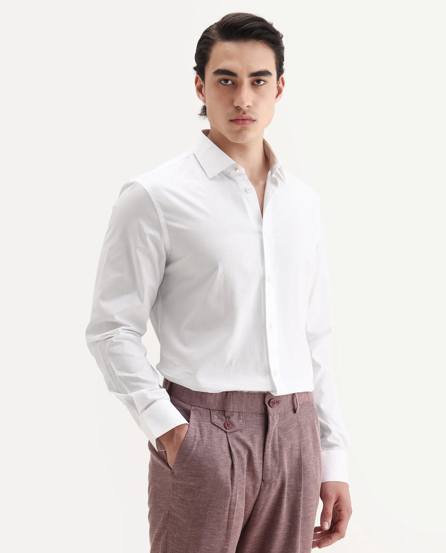 Rare Rabbit Men's Pedron-25 White Cotton Spread Collar Regular Fit Jacquard Shirt