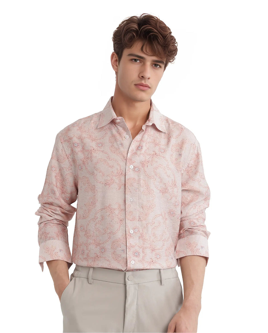 Rare Rabbit Men's Pelden Dusky Pink Viscose Blend Floral Print Regular Fit Full Sleeve Collared Shirt