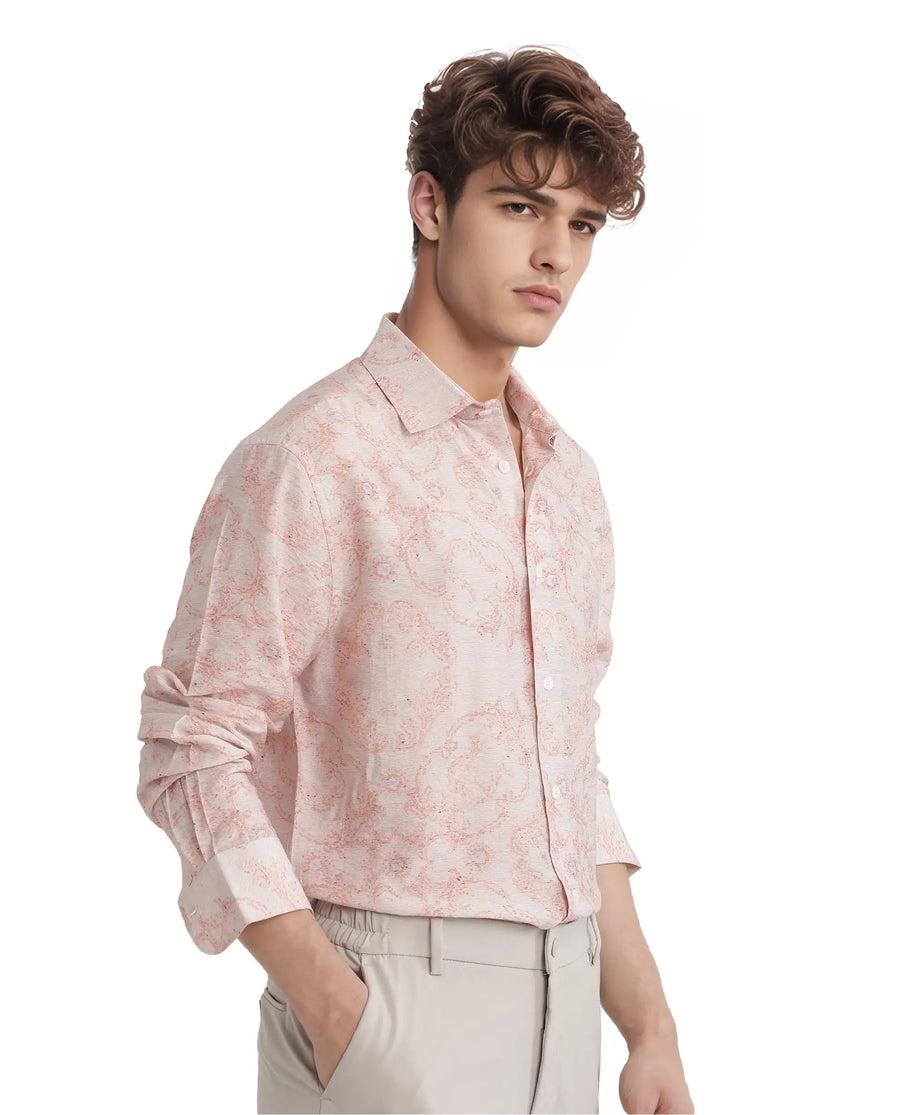 Rare Rabbit Men's Pelden Dusky Pink Viscose Blend Floral Print Regular Fit Full Sleeve Collared Shirt