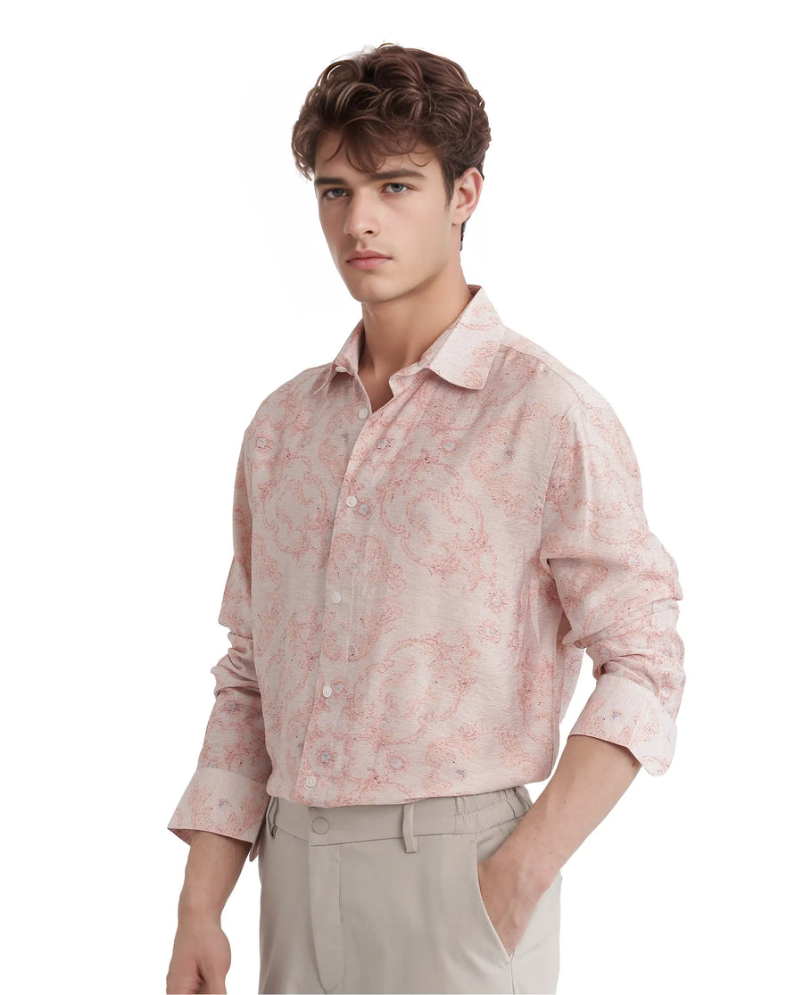 Rare Rabbit Men's Pelden Dusky Pink Viscose Blend Floral Print Regular Fit Full Sleeve Collared Shirt